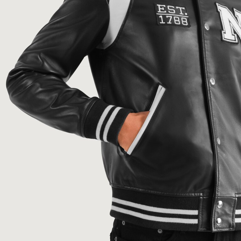 Mens Liberte New York Black Leather Varsity Jacket Close-Up-9-1704186600354